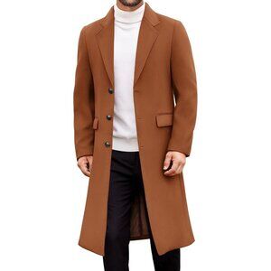 Men’s Long Trench Coat Single-Breasted Wool Blend Overcoat Brown Notched Collar